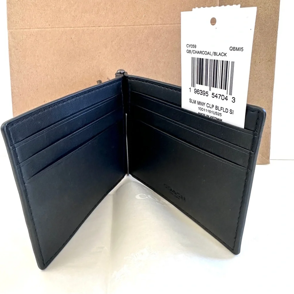 COACH SLIM MONEY CLIP BILLFOLD WALLET BLACK/GRAY SIGNATURE CANVAS NEW GIFT WRAP